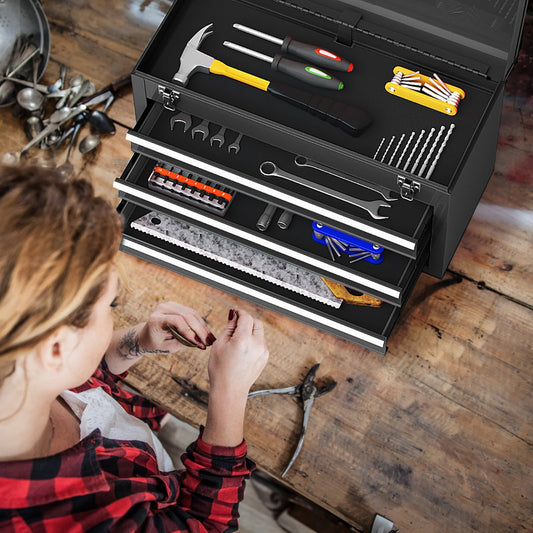 Portable Metal Tool Box with 3 Drawers and Storage Tray, Tool Case 52cm Black