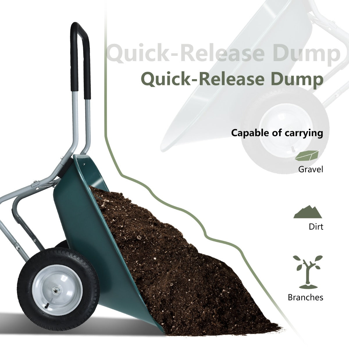 2 Tire Wheelbarrow with Pneumatic Tires 150KG-Green