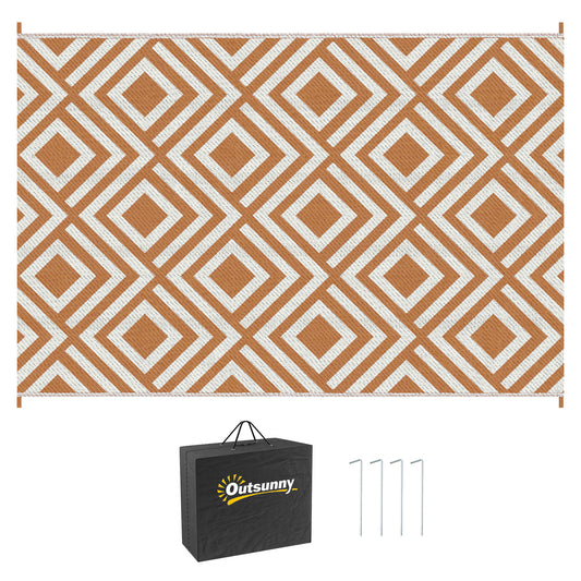 Outsunny Reversible Outdoor Rug, plastikowa mata słomiana z torbą transportową, kołki do mocowania na ziemi, do ogrodu, kempingu, pikniku, plaży, 182x274 cm, brązowy
