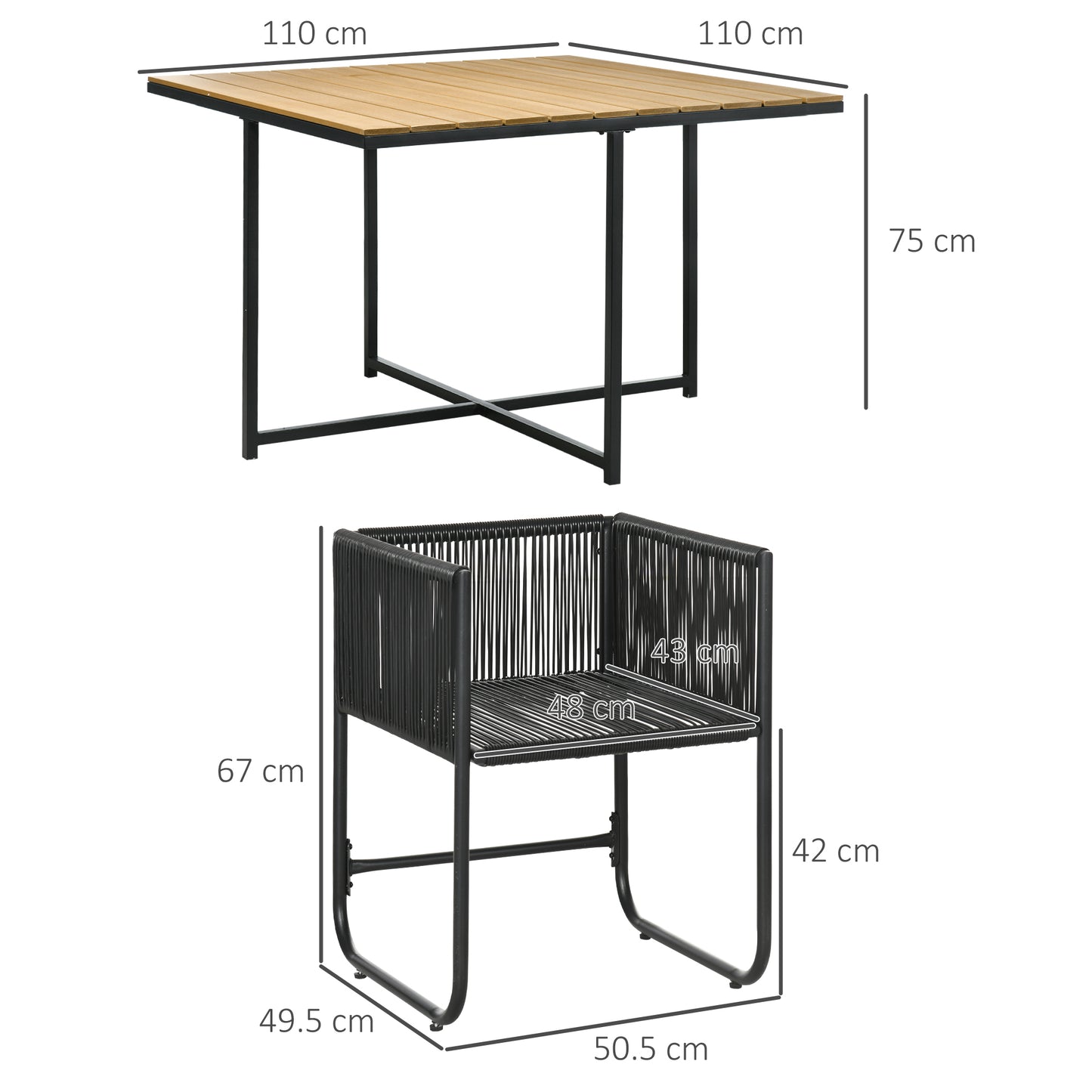 Zestaw mebli ogrodowych Outsunny 4 Seater Rattan Cube, zestaw jadalny z rattanu z poduszkami, stół jadalny i krzesła zewnętrzne z prostokątnym blatem z tworzywa sztucznego o strukturze drewna na patio, balkon, czarny