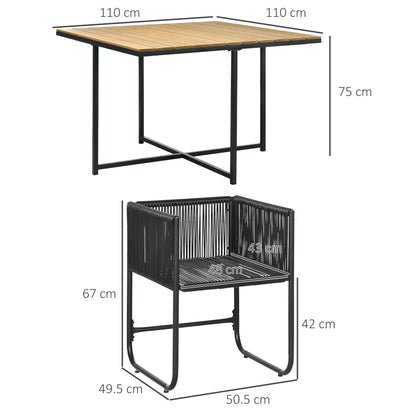 Zestaw mebli ogrodowych Outsunny 4 Seater Rattan Cube, zestaw jadalny z rattanu z poduszkami, stół jadalny i krzesła zewnętrzne z prostokątnym blatem z tworzywa sztucznego o strukturze drewna na patio, balkon, czarny