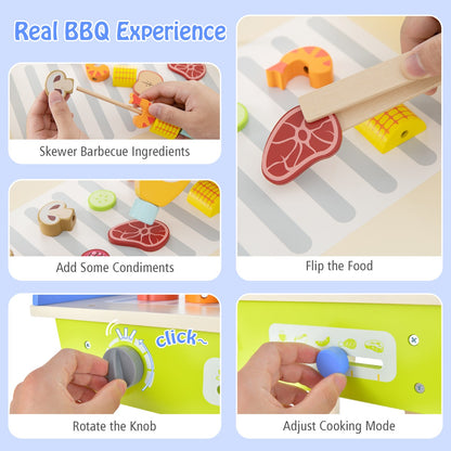 Kid's Pretend Barbecue Grill Play Set with Play Food, Push Handle and Wheels