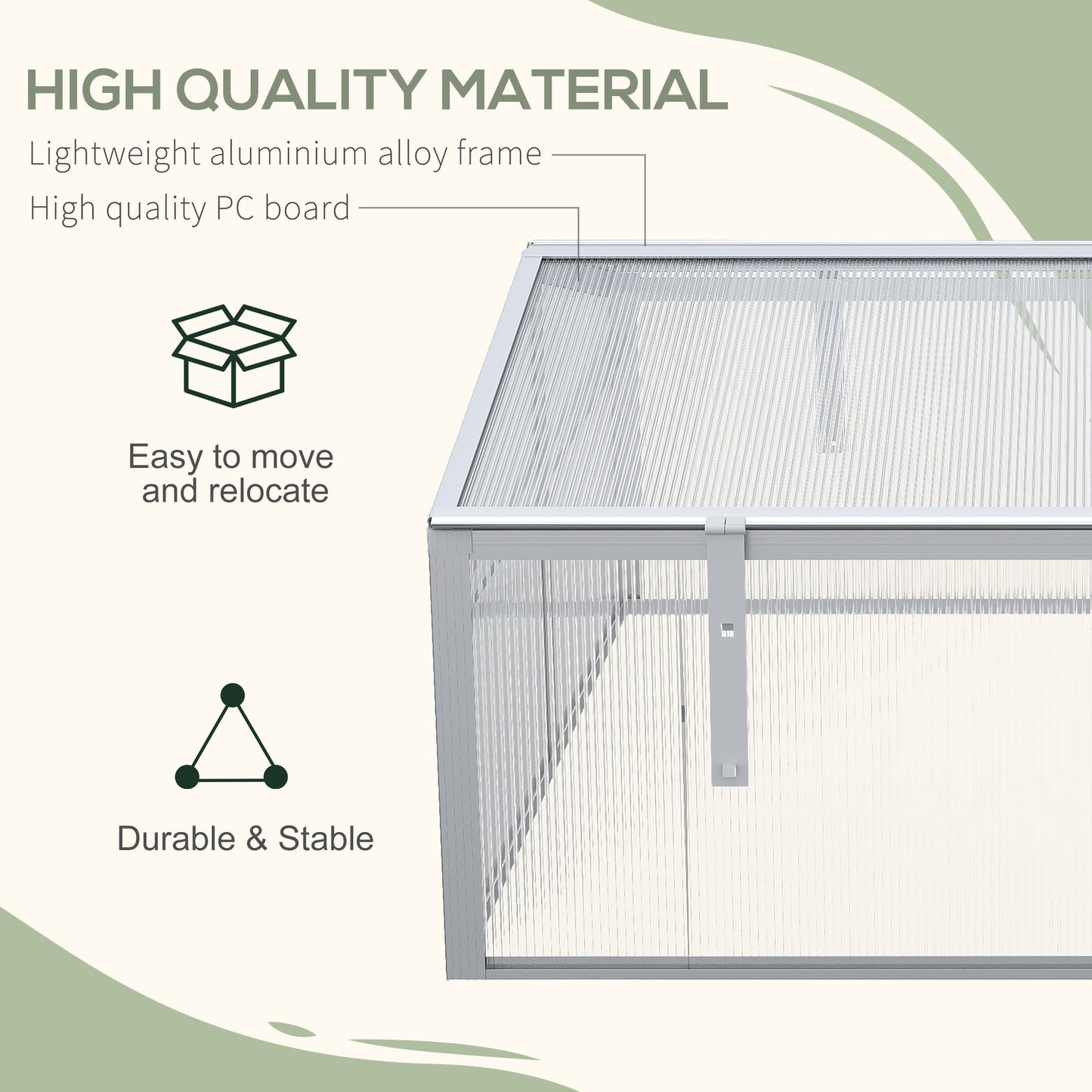 إطار خارجي من Outsunny Cold Frame، بيت زجاجي خارجي، بيت زراعة من البولي كربونات، نباتات خضروات وزهور، سرير مرتفع، واقي حديقة، إطار من الألومنيوم 100 × 100 × 48 سم