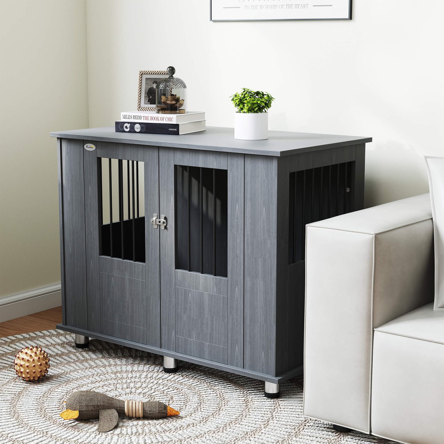 PawHut Dog Crate Table for Medium and Large Dogs with Magnetic Door for Indoor Use, 95 x 55 x 75 cm, Grey