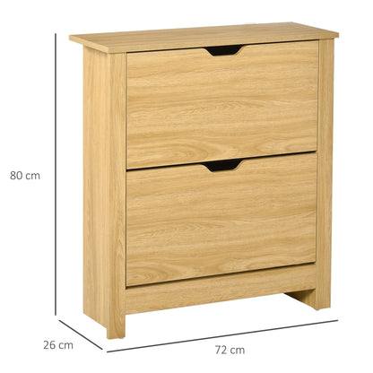 HOMCOM Narrow Shoe Cabinet, Space Saving Shoe Storage Cabinet with 2 Flip Drawers and Adjustable Shelves for 6-12 Pairs of Shoes for Hallways and Living Room, Natural Wood Finish