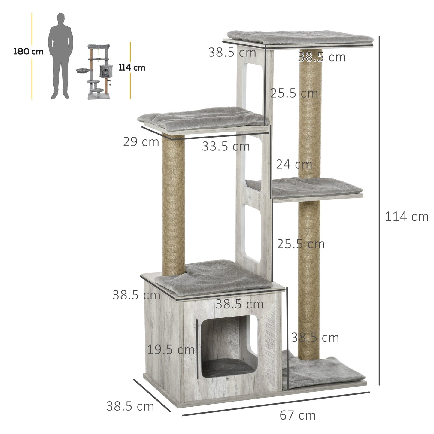 PawHut 114cm Cat Tree for Indoor Large Cats Condo Jute Scratching Post Cat Tower Kitten Play House Activity Center Furniture Grey