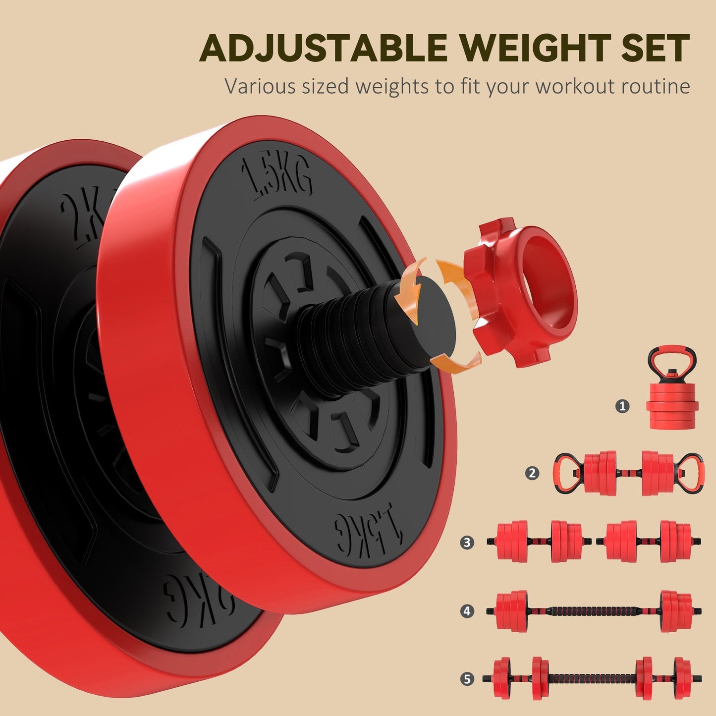 SPORTNOW 30kg Four-In-One Adjustable Weight Dumbbells Set, Barbell, Kettlebell, Push Up Stand - Red