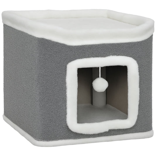 PawHut Cat House for Indoor Kittens, 2-Level Cat Cave Bed with Fluffy Balls, Top Bed, Kitten Barrel for Multi Kitties, Grey