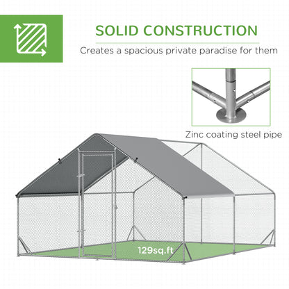 PawHut Chicken Walk-in Run, Galvanised Chicken Coop, Hen Poultry House Cage, Rabbit Hutch Pet Playpen Garden w/ Water-Resist Cover, 3 x 4 x 2m