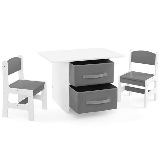 Toddler Wooden Activity Table & 2 Chairs Set with 2 Fabric Storage Bins-Grey