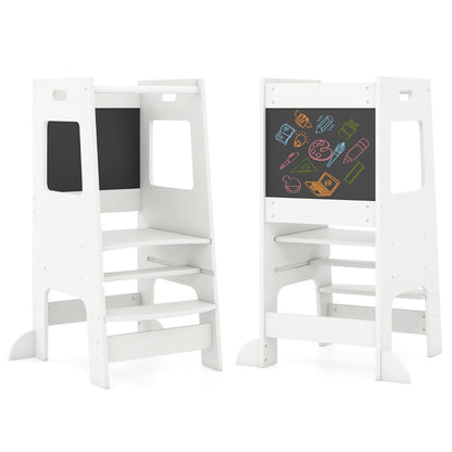 Toddler Kitchen Step Stool with Activity Chalkboard and Adjustable Height-White