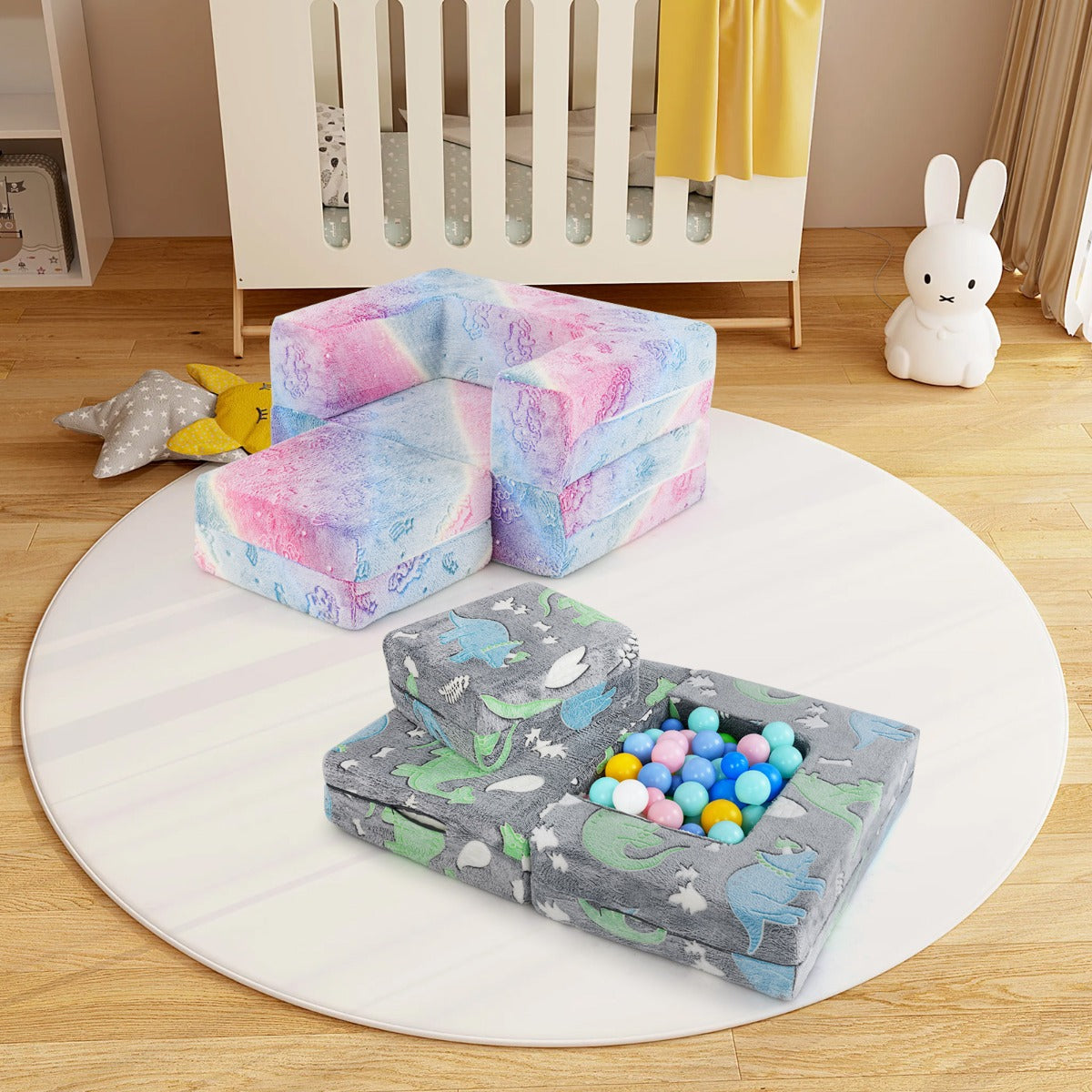 Toddler Play Couch with Machine Washable Cover and High-density Foam Filling-Rainbow