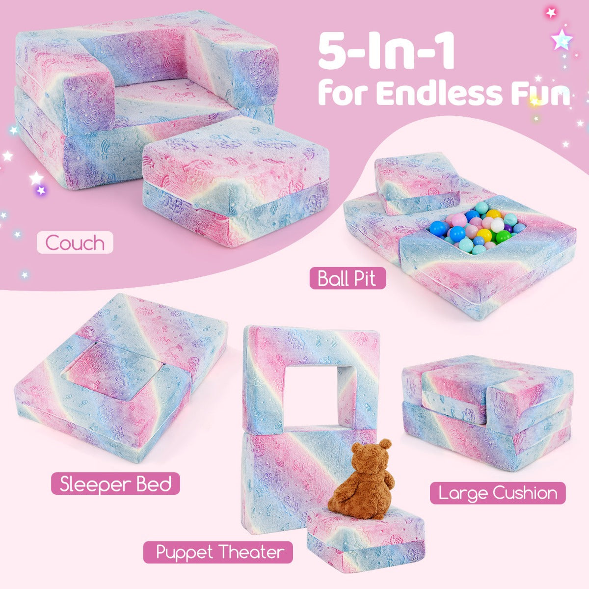 Toddler Play Couch with Machine Washable Cover and High-density Foam Filling-Rainbow