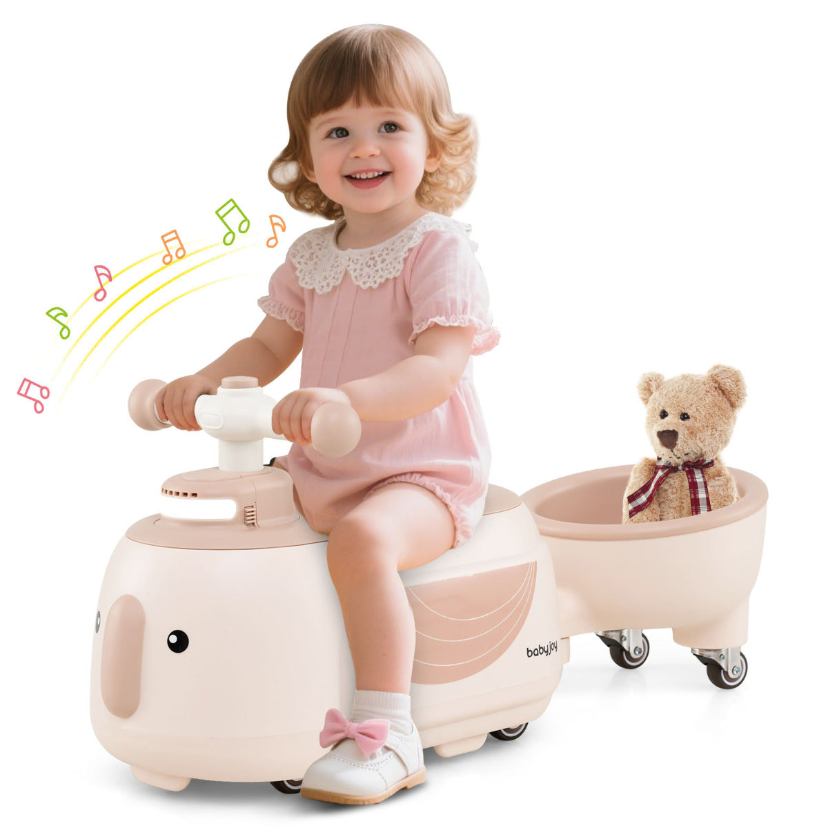Toddler Ride on Toy with Trailer Sliding Car with Light and Music-Beige