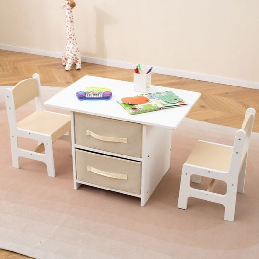 Toddler Wooden Activity Table & 2 Chairs Set with 2 Fabric Storage Bins-Beige