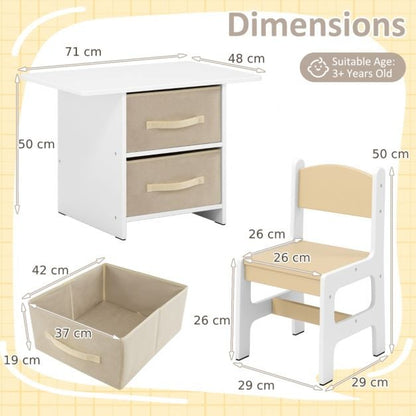 Toddler Wooden Activity Table & 2 Chairs Set with 2 Fabric Storage Bins-Beige