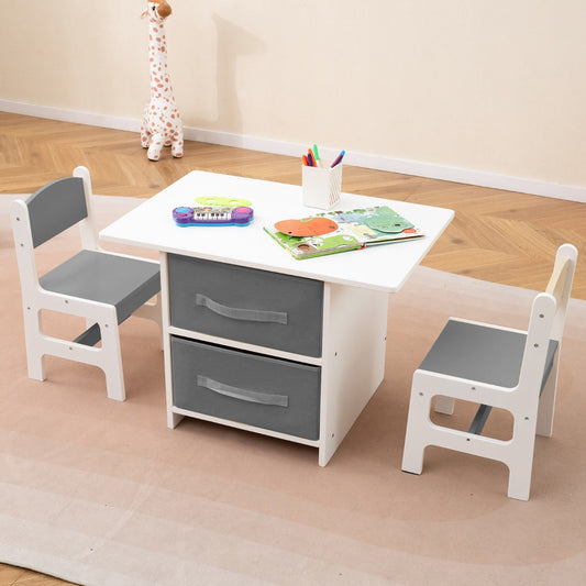 Toddler Wooden Activity Table & 2 Chairs Set with 2 Fabric Storage Bins-Grey