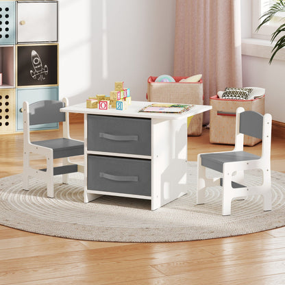 Toddler Wooden Activity Table & 2 Chairs Set with 2 Fabric Storage Bins-Grey