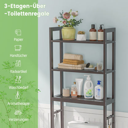 Over-The-Toilet Storage Shelf with Anti-tipping Device and Hooks-Brown