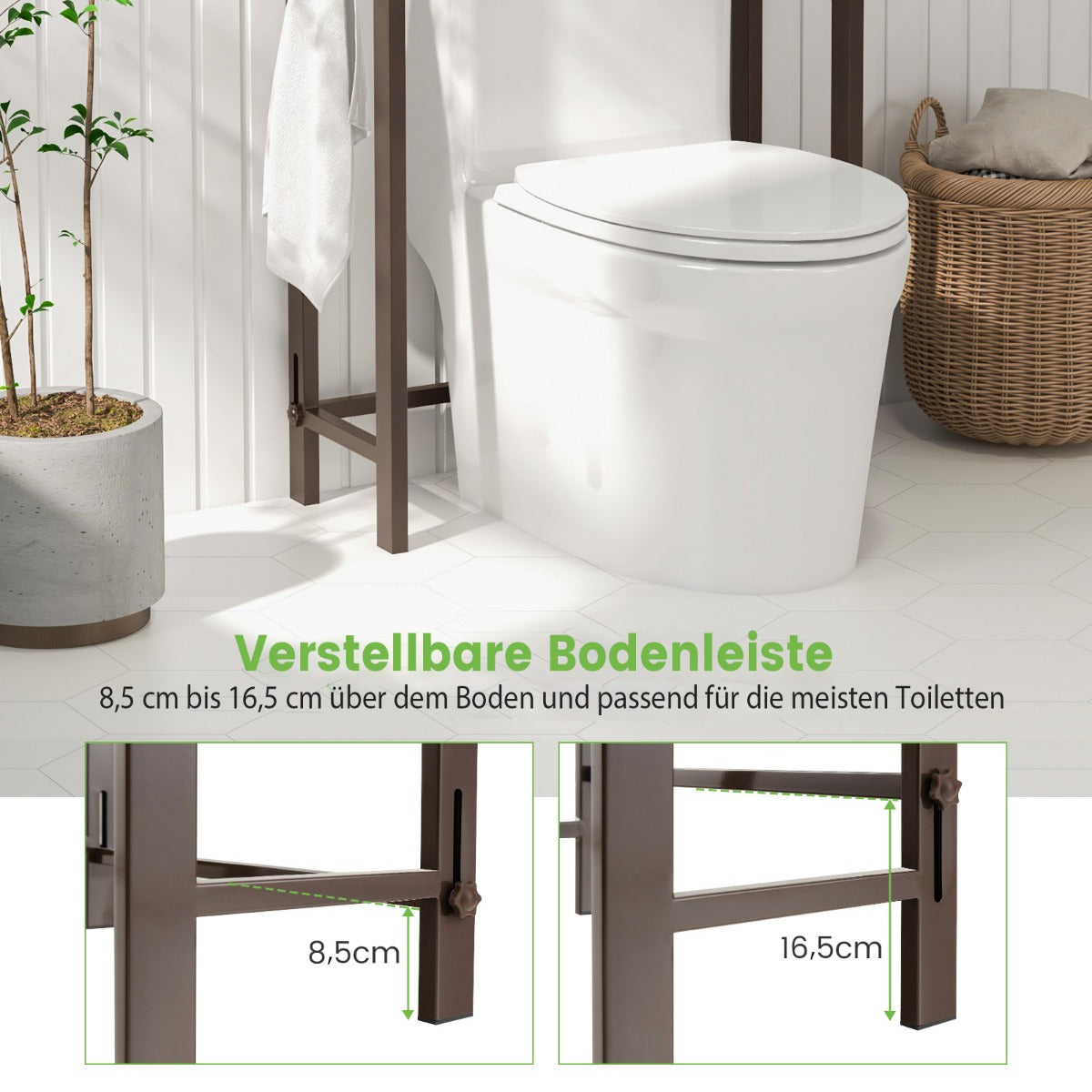 Over-The-Toilet Storage Shelf with Anti-tipping Device and Hooks-Brown