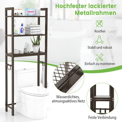Over-The-Toilet Storage Shelf with Anti-tipping Device and Hooks-Brown