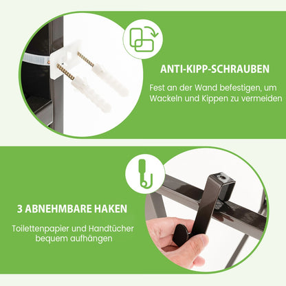 Over-The-Toilet Storage Shelf with Anti-tipping Device and Hooks-Brown