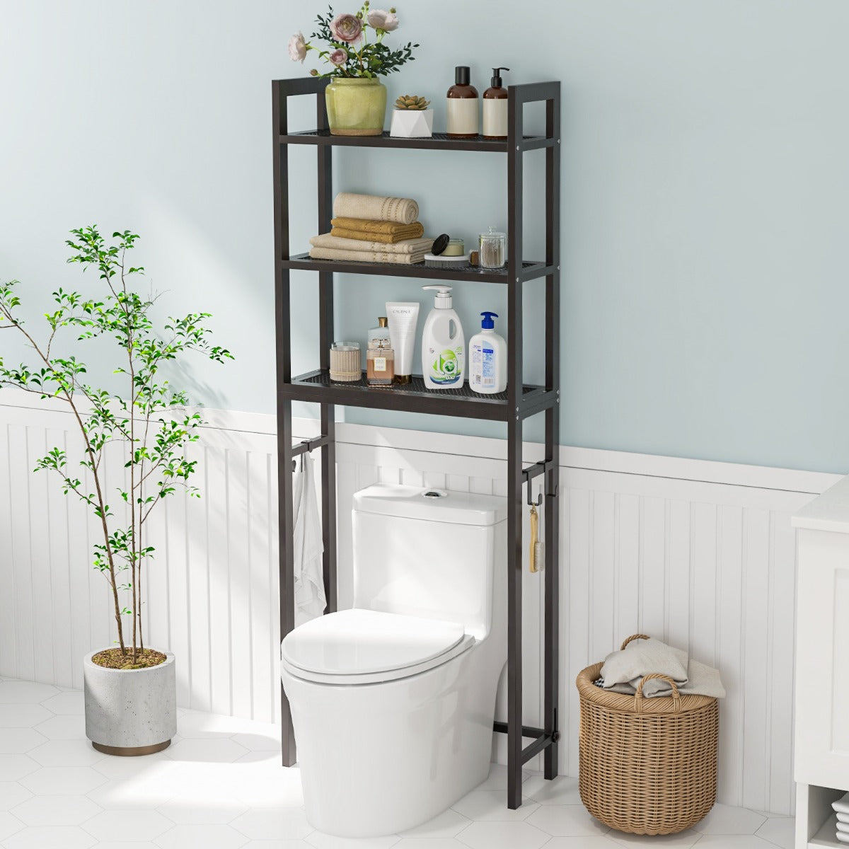 Over-The-Toilet Storage Shelf with Anti-tipping Device and Hooks-Brown