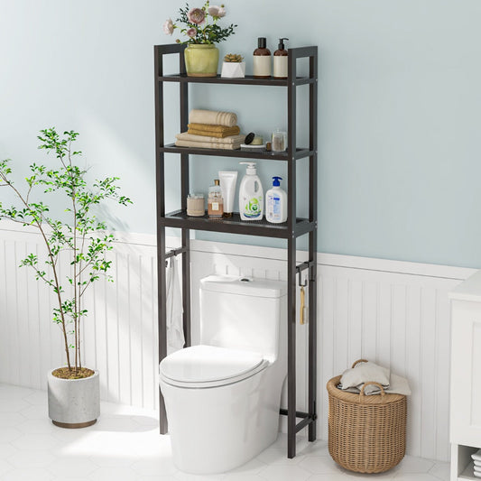 Over-The-Toilet Storage Shelf with Anti-tipping Device and Hooks-Brown