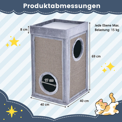 2-Tier Cat House with Sisal Scratch Boards-Grey