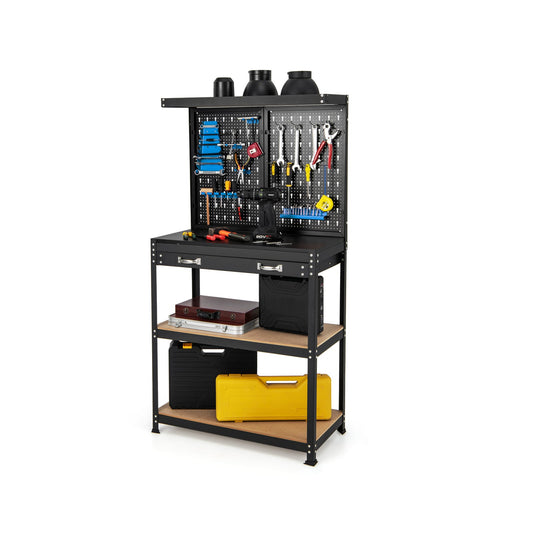 Tool Storage Workbench with Pegboard Shelves and Drawers-Blue