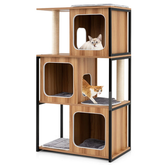 2 in 1 Scratching Post Cat House 3 Floors Cat Tree with Removable Cushion &amp; Cat Cave