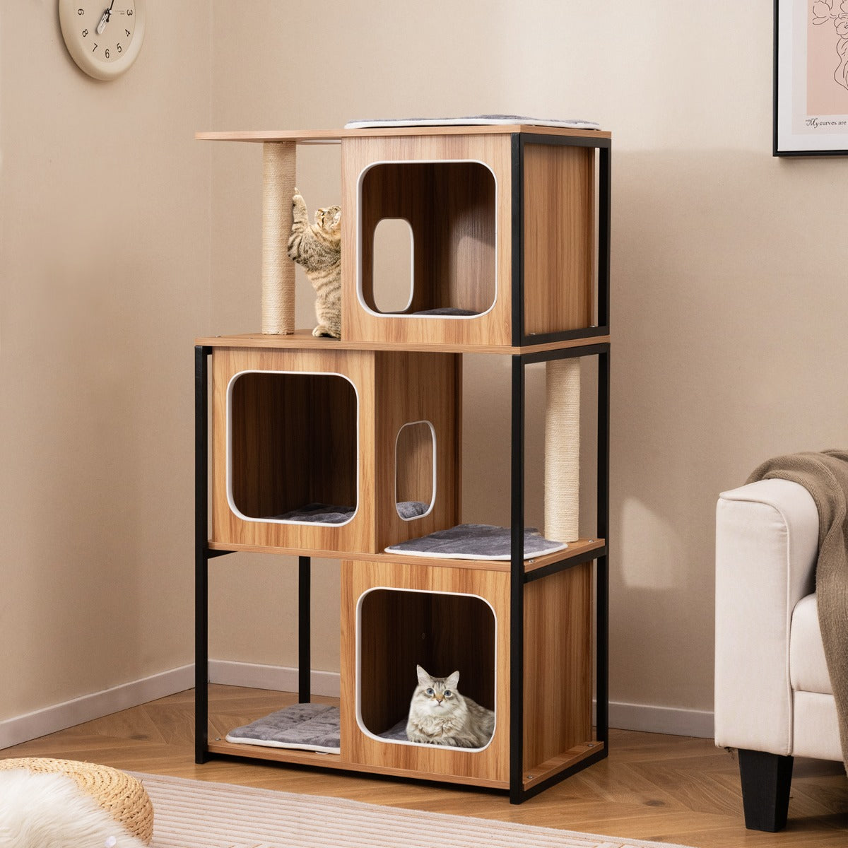 2 in 1 Scratching Post Cat House 3 Floors Cat Tree with Removable Cushion &amp; Cat Cave