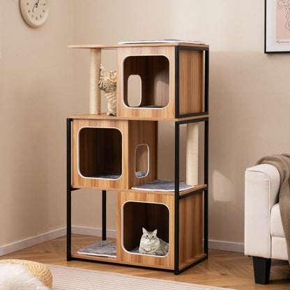 2 in 1 Scratching Post Cat House 3 Floors Cat Tree with Removable Cushion &amp; Cat Cave