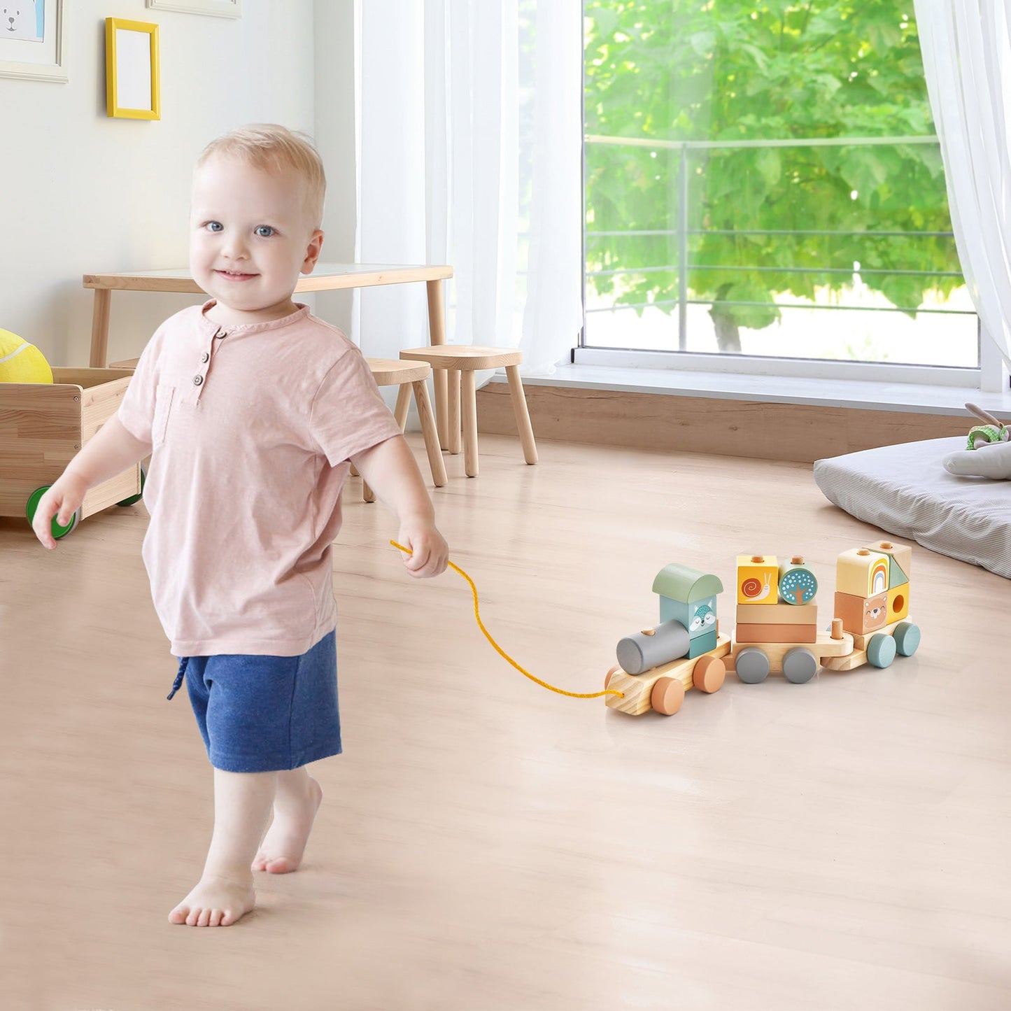 Wooden Toy Train Set with Stacking Wooden Blocks for Early Learning Education