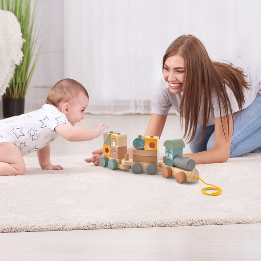 Wooden Toy Train Set with Stacking Wooden Blocks for Early Learning Education