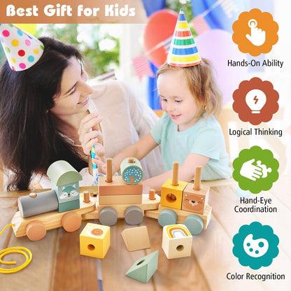 Wooden Toy Train Set with Stacking Wooden Blocks for Early Learning Education