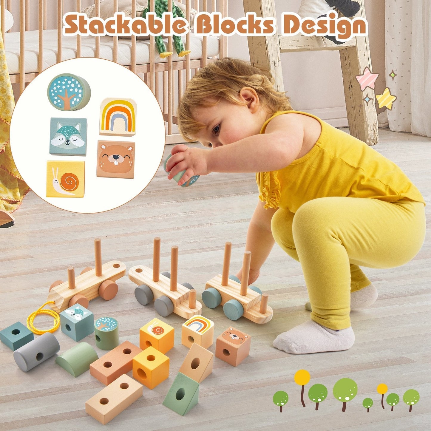 Wooden Toy Train Set with Stacking Wooden Blocks for Early Learning Education