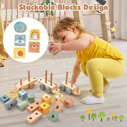 Wooden Toy Train Set with Stacking Wooden Blocks for Early Learning Education
