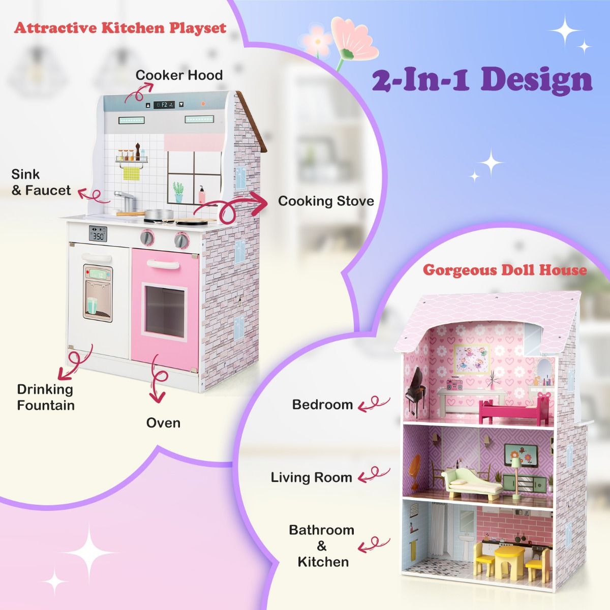 2-In-1 Kitchen Playset and Dollhouse with 9 Accessories