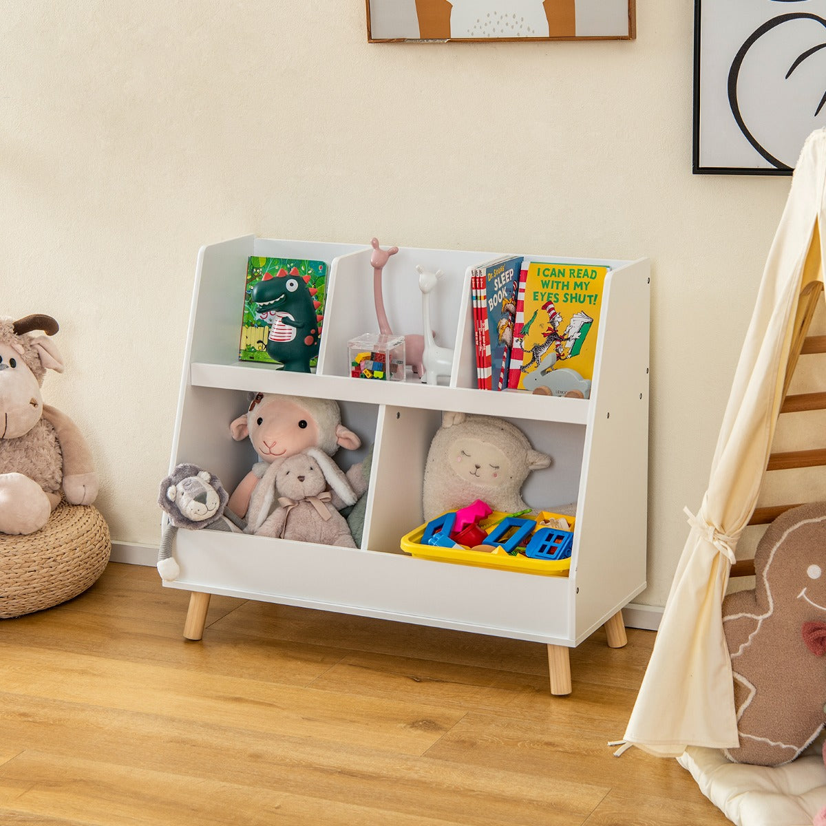5-Cube Kids Bookshelf and Toy Organizer with Solid Wood Legs and Anti-Tipping Kits-White