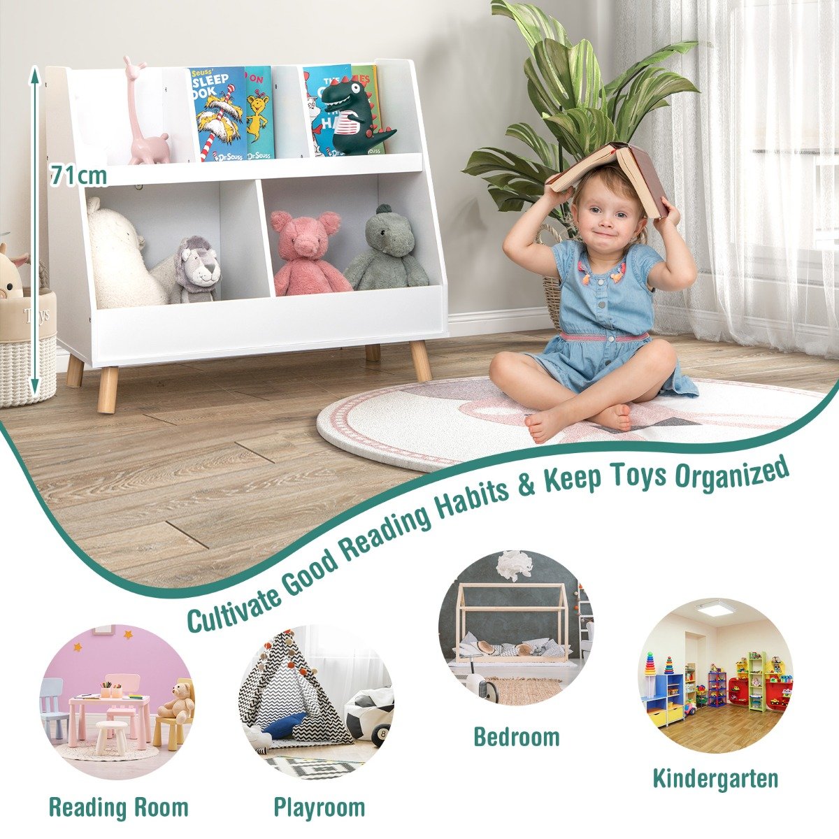 5-Cube Kids Bookshelf and Toy Organizer with Solid Wood Legs and Anti-Tipping Kits-White