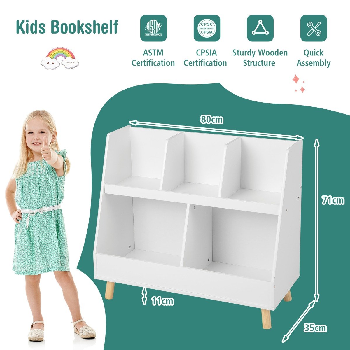 5-Cube Kids Bookshelf and Toy Organizer with Solid Wood Legs and Anti-Tipping Kits-White