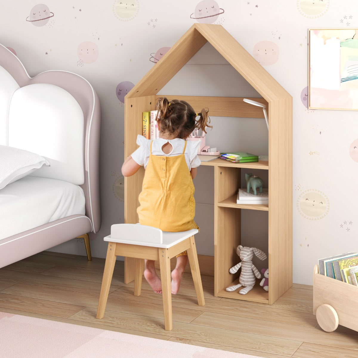 Wooden Kids Table and Chair Set House-Shaped with Blackboard-White