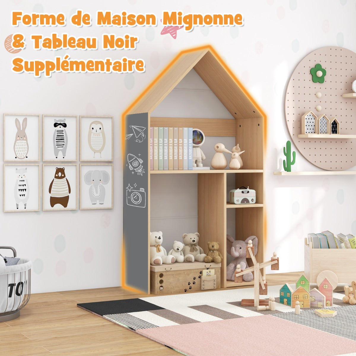Wooden Kids Table and Chair Set House-Shaped with Blackboard-White