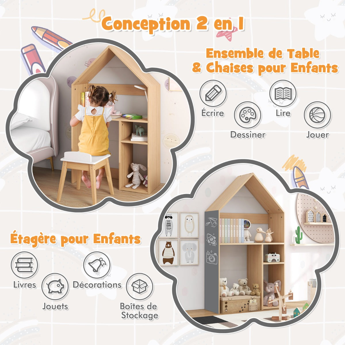 Wooden Kids Table and Chair Set House-Shaped with Blackboard-White