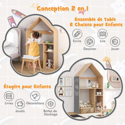 Wooden Kids Table and Chair Set House-Shaped with Blackboard-White