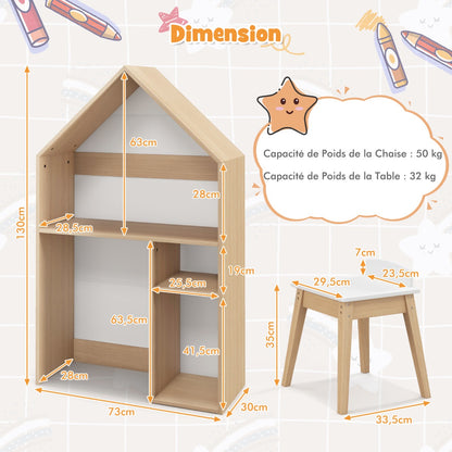 Wooden Kids Table and Chair Set House-Shaped with Blackboard-White