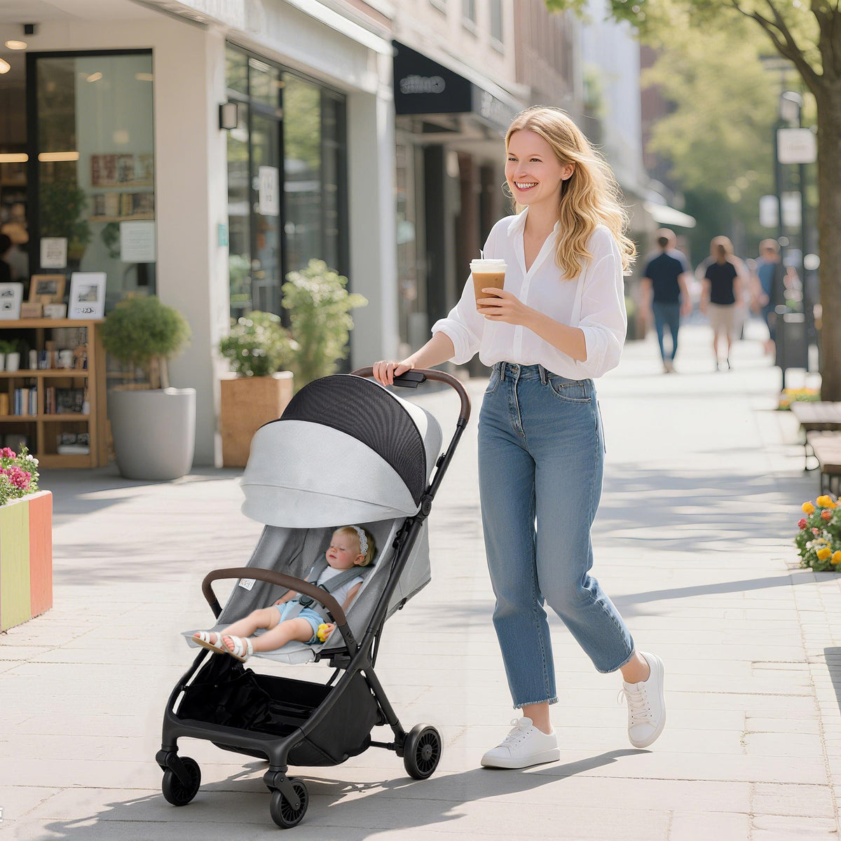 AIYAPLAY Foldable Baby Stroller with Adjustable Seat, 5-Point Harness, Canopy, Basket, 6.3kg Lightweight & Compact, Light Grey