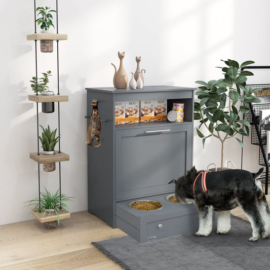 PawHut Pet Feeder Station, pojemnik do przechowywania dla psów i kotów, z podniesionymi miskami, wieszak, szafka - szary