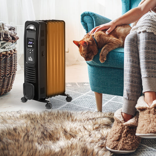 HOMCOM 1500W Cyfrowy Grzejnik Olejowy, 7 Żeberek, Przenośny Elektryczny Grzejnik z Wyświetlaczem LED, Wbudowanym Timerem, 3 Ustawienia Grzania, Wyłącznik Bezpieczeństwa i Pilot Zdalnego Sterowania, Czarny